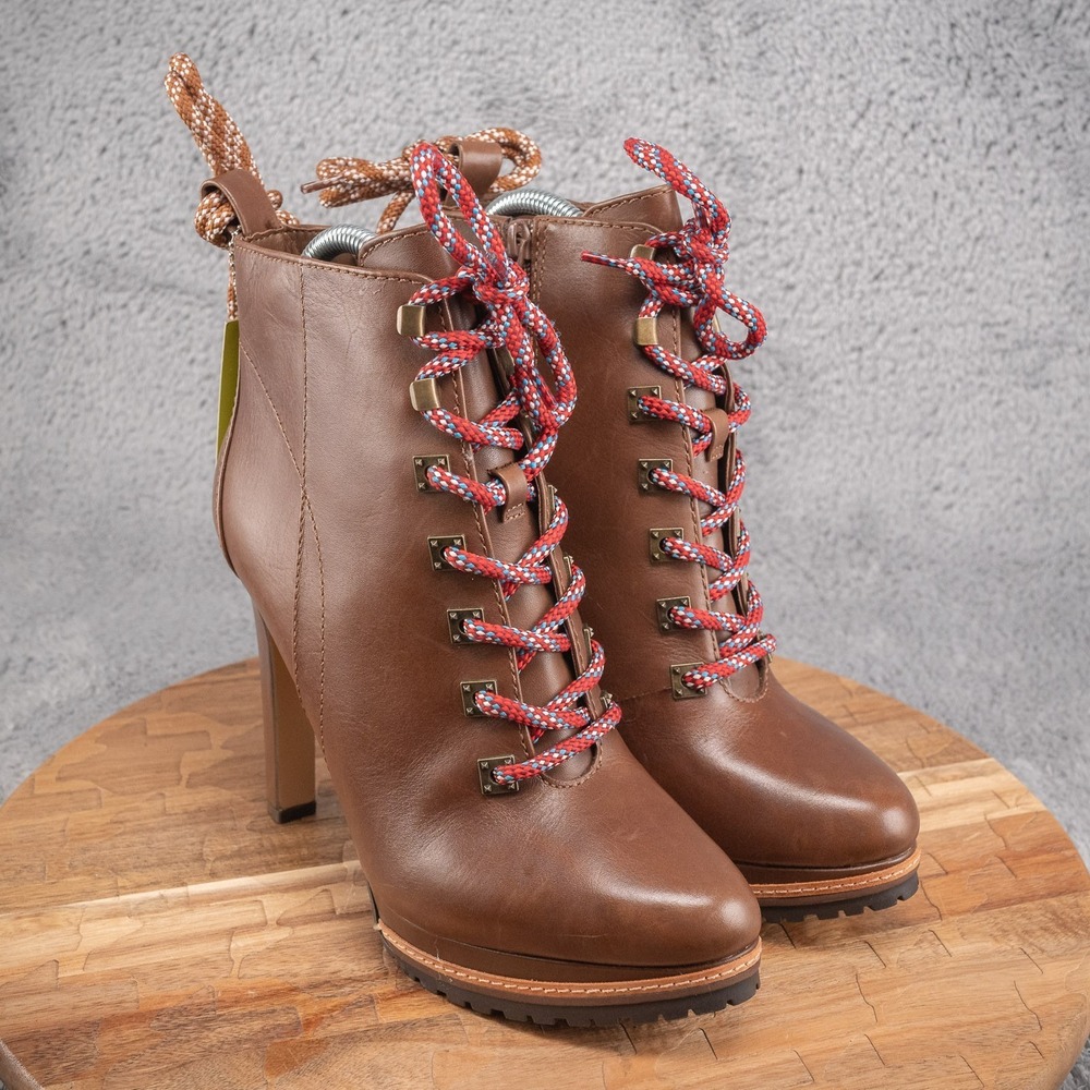 Gianni Bini Brown Leather Lace-Up Ankle Boots with Red Accent Laces